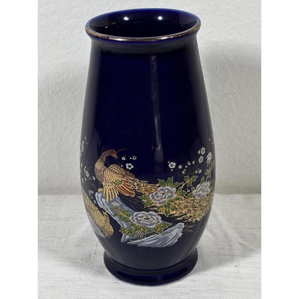 Vintage UC Japan Peacock Vase Cobalt Blue Gold Floral 7” Porcelain